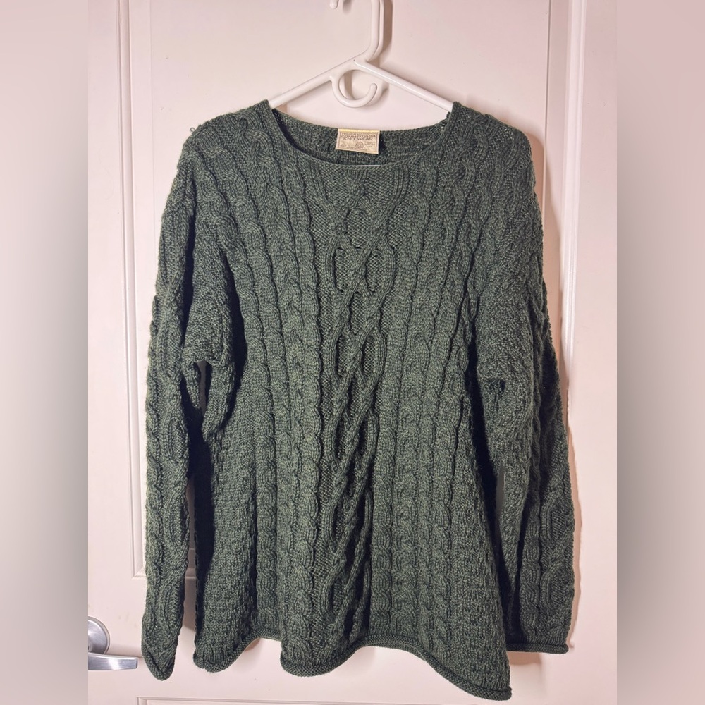 Women’s forest green XL cable knit wool sweater made in Ireland